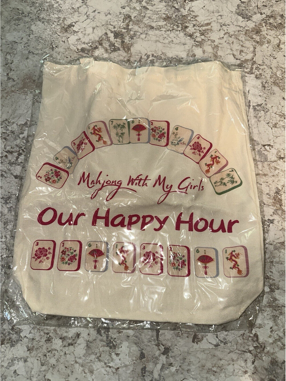 MJSXY Canvas Reusable Shopping Bag Mahjong Tiles Foldable Tote Beige 18x14x18